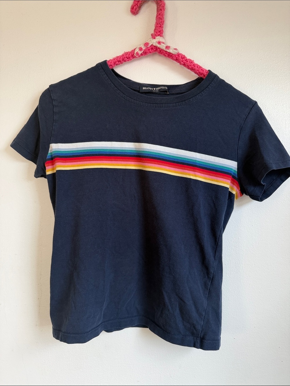 Brandy Melville Navy Tee with Rainbow Chest Stripes